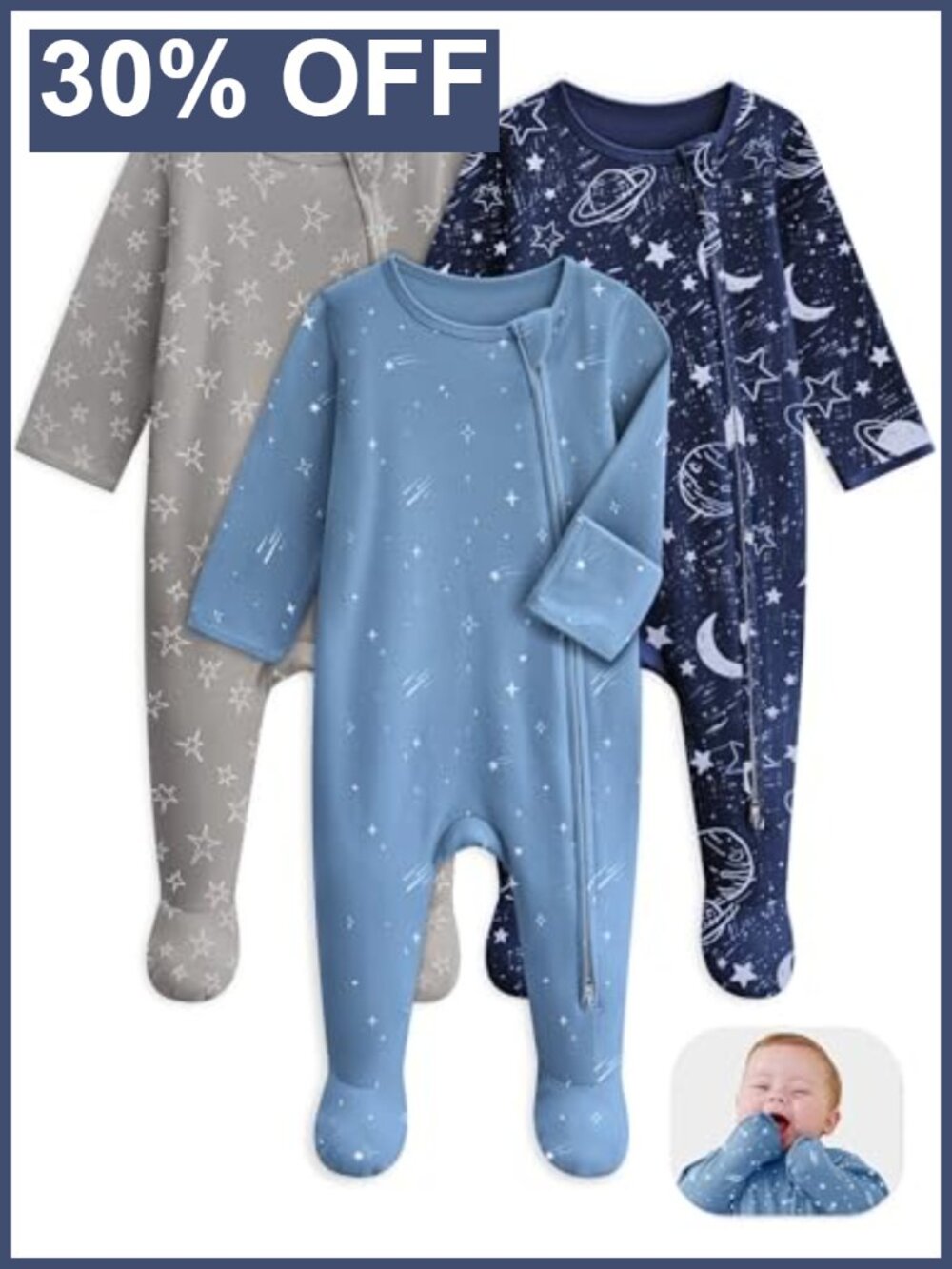 Organic Cotton Baby Sleepers Footed Pajamas 3-Pack Two-Way Zip Mittens